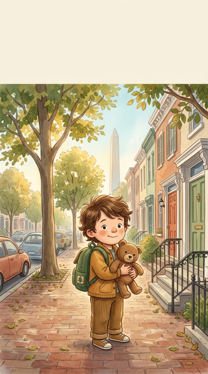 Book cover: a young child with a backpack hugging a teddy bear on a leafy Washington DC rowhouse street, the Washington Monument soft in the distance.