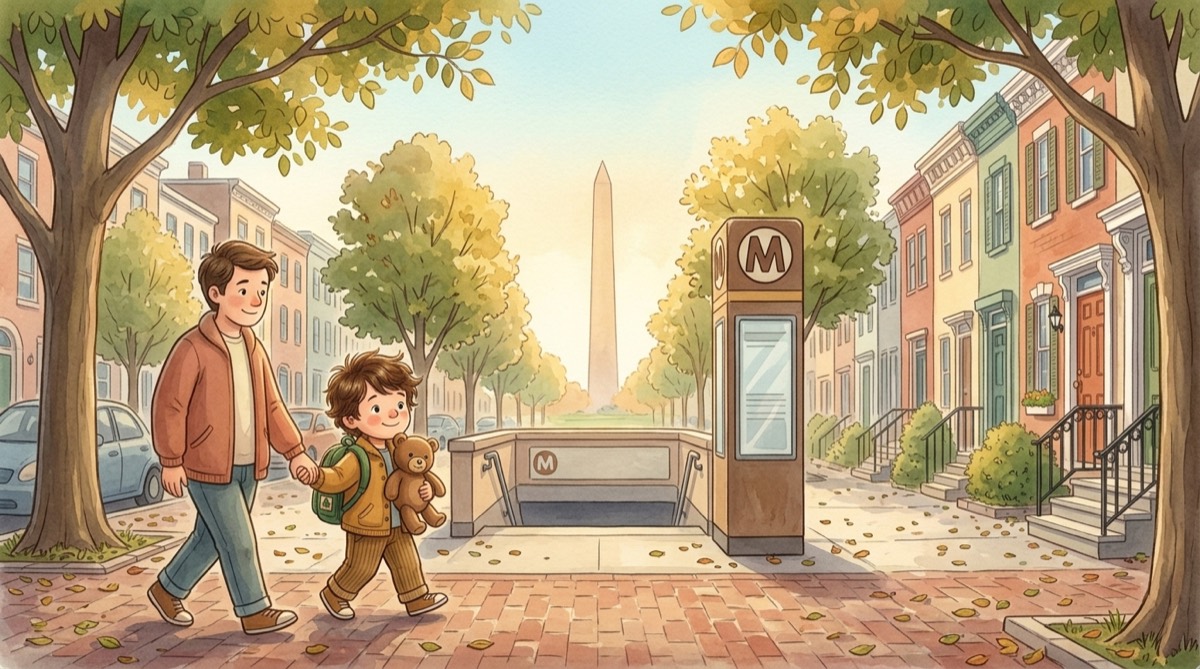 A child and parent walk past a DC Metro entrance and a leafy park on the way to the first day of school.