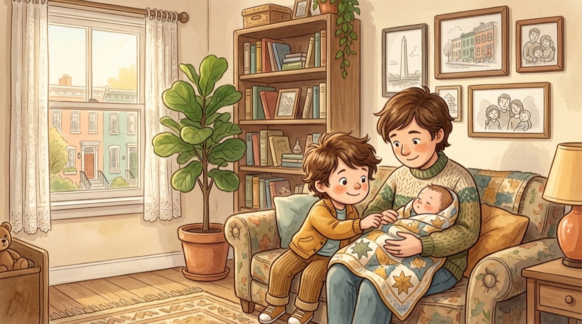 A child meets a new baby sibling in a cozy DC rowhouse living room.