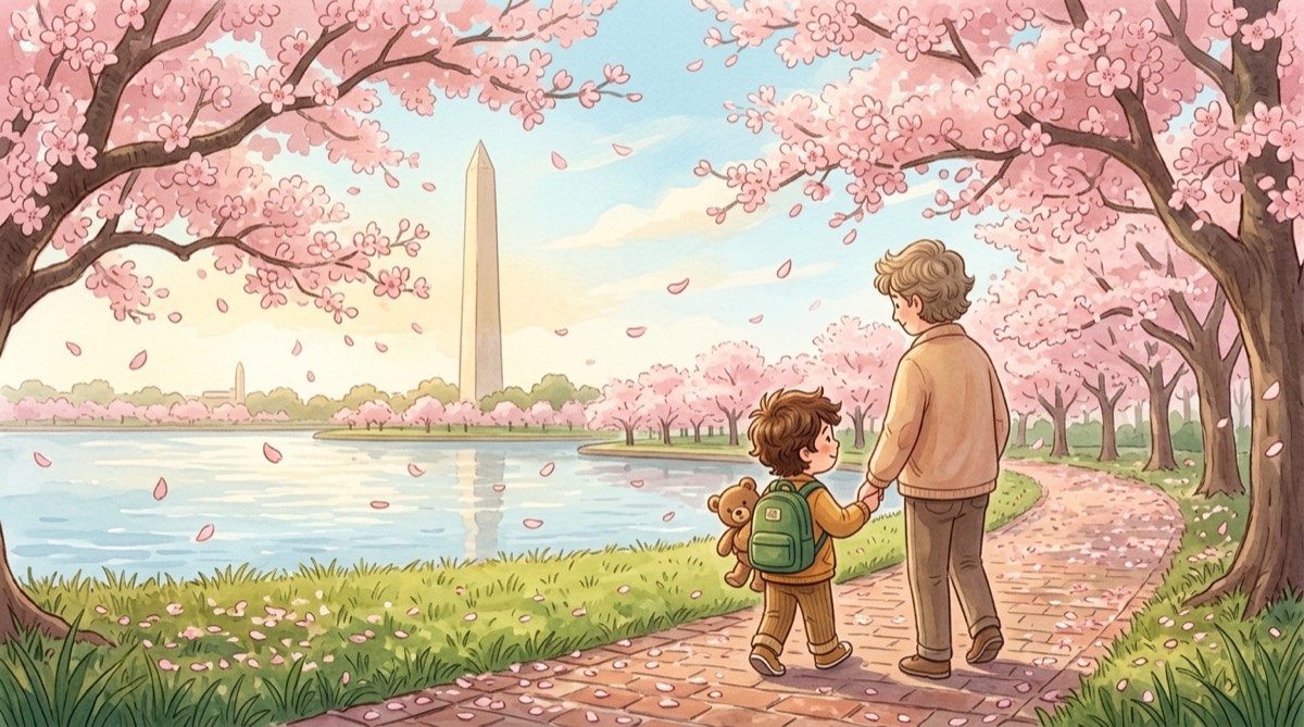 A child and parent walk among cherry blossoms by the Tidal Basin, the Washington Monument behind.