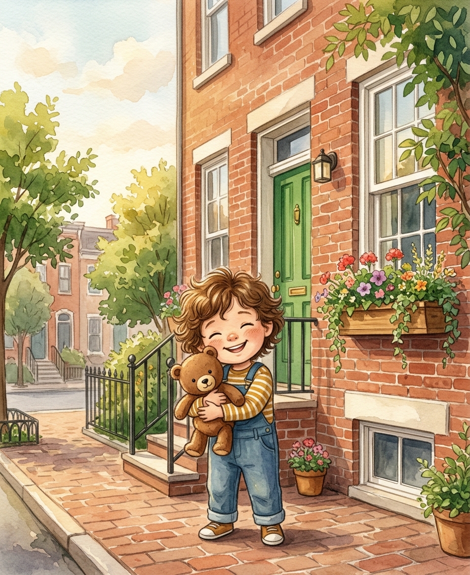 Book cover: a joyful child hugging a teddy bear in front of a Washington DC rowhouse with a green door.